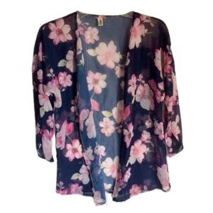 🪅 EALEY FUSHI Navy Blue Sheer Pink Floral Kimono Cover-Up